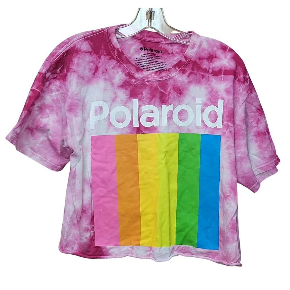 Women's Polaroid Tie Dye‎ Graphic Cropped Boxy Sz L T Shirt Dopamine Funky Y2K